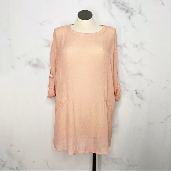 NWT Umgee Roll Tab Sleeve Tunic Top Peach Oversized Gauzey Flowy Beach Size L - Picture 1 of 7